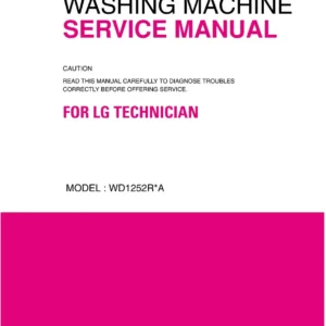 Lg wd1252rwa service manual cover with LG logo, service website path, washer model codes and service caution notice