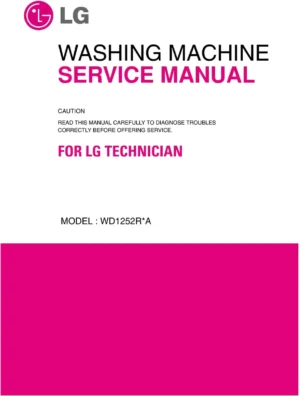 Lg wd1252rwa service manual cover with LG logo, service website path, washer model codes and service caution notice