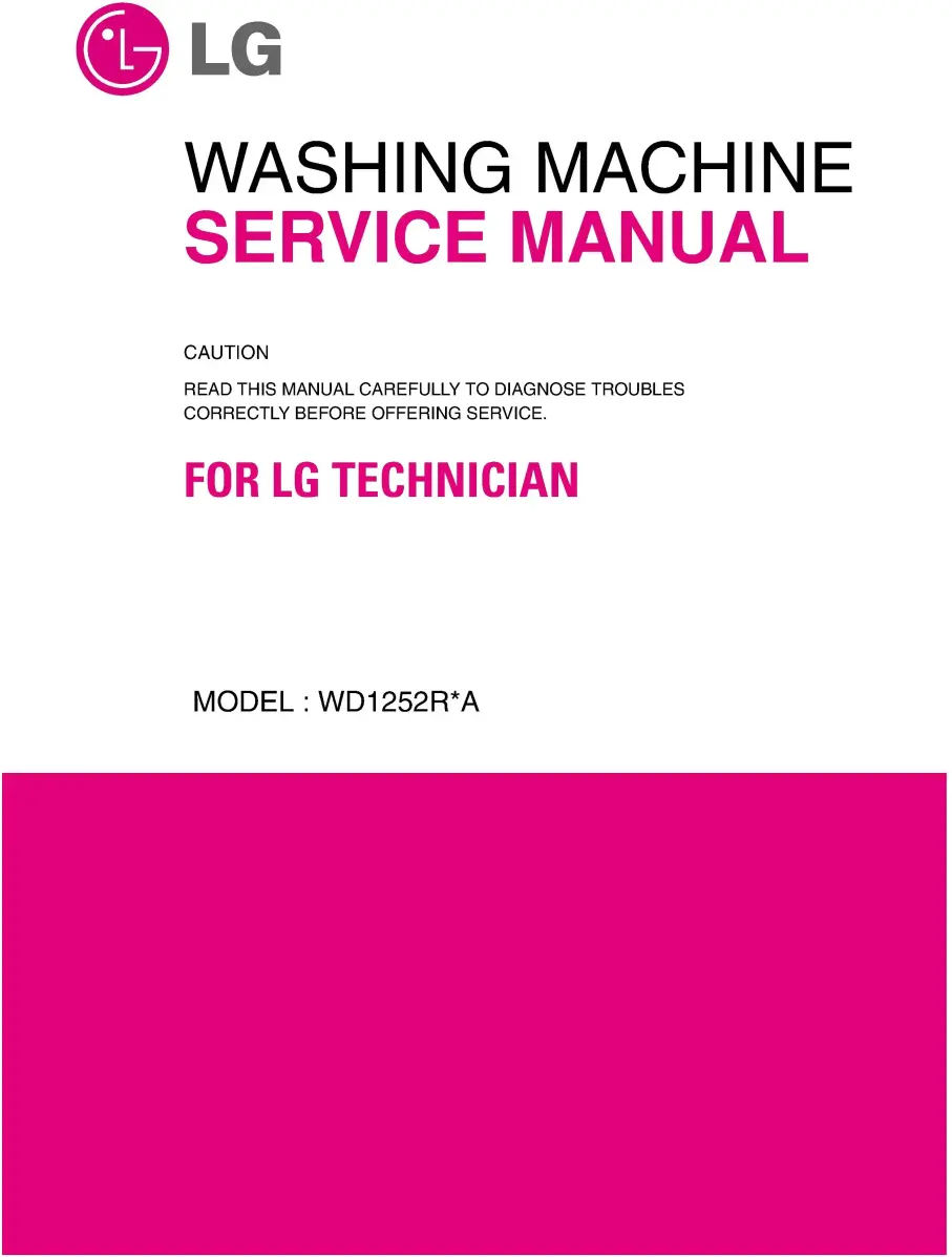Lg wd1252rwa service manual cover with LG logo, service website path, washer model codes and service caution notice