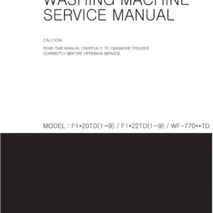 Lg wd13020d service manual cover with LG logo, service website path, washer model codes and service caution notice