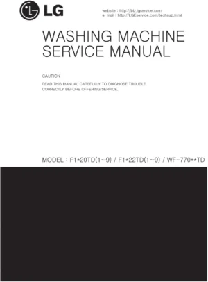 Lg wd13020d service manual cover with LG logo, service website path, washer model codes and service caution notice