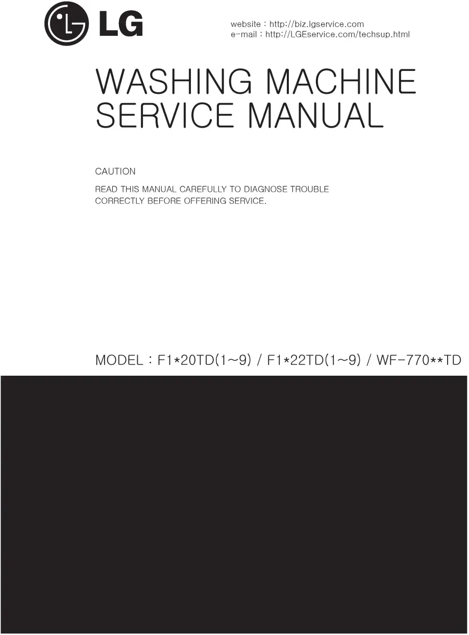 Lg wd13020d service manual cover with LG logo, service website path, washer model codes and service caution notice