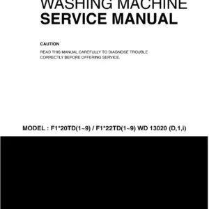 Lg wd13020d1 service manual cover with LG logo, service website path, washer model codes and service caution notice