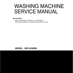 Lg wd13436rn service manual cover with LG logo, service website path, washer model codes and service caution notice