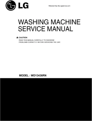 Lg wd13436rn service manual cover with LG logo, service website path, washer model codes and service caution notice