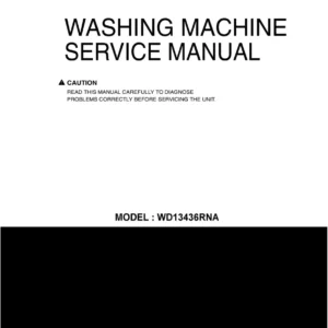 Lg wd13436rna service manual cover with LG logo, service website path, washer model codes and service caution notice