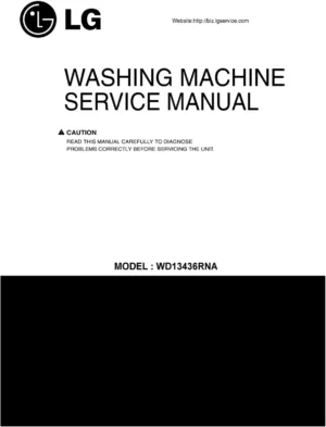 Lg wd13436rna service manual cover with LG logo, service website path, washer model codes and service caution notice