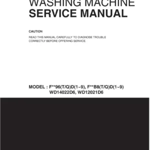 Lg wd14022d6 service manual cover with LG logo, service website path, washer model codes and service caution notice