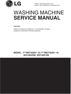 Lg wd14022d6 service manual cover with LG logo, service website path, washer model codes and service caution notice