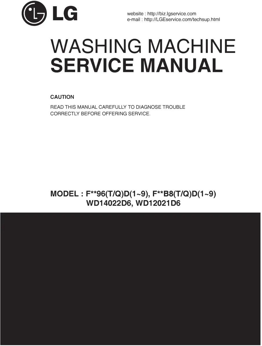 Lg wd14022d6 service manual cover with LG logo, service website path, washer model codes and service caution notice