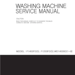 Lg wd14030d service manual cover with LG logo, service website path, washer model codes and service caution notice