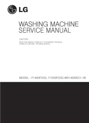 Lg wd14030d service manual cover with LG logo, service website path, washer model codes and service caution notice