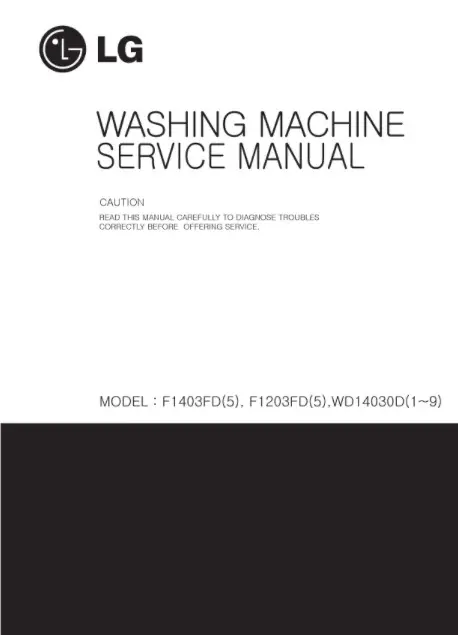 Lg wd14030d service manual cover with LG logo, service website path, washer model codes and service caution notice