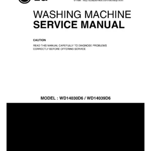 Lg wd14030d6 service manual cover with LG logo, service website path, washer model codes and service caution notice