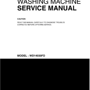 Lg wd14030fd service manual cover with LG logo, service website path, washer model codes and service caution notice