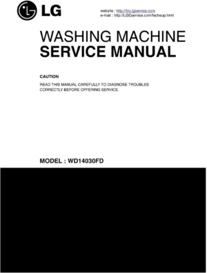 Lg wd14030fd service manual cover with LG logo, service website path, washer model codes and service caution notice
