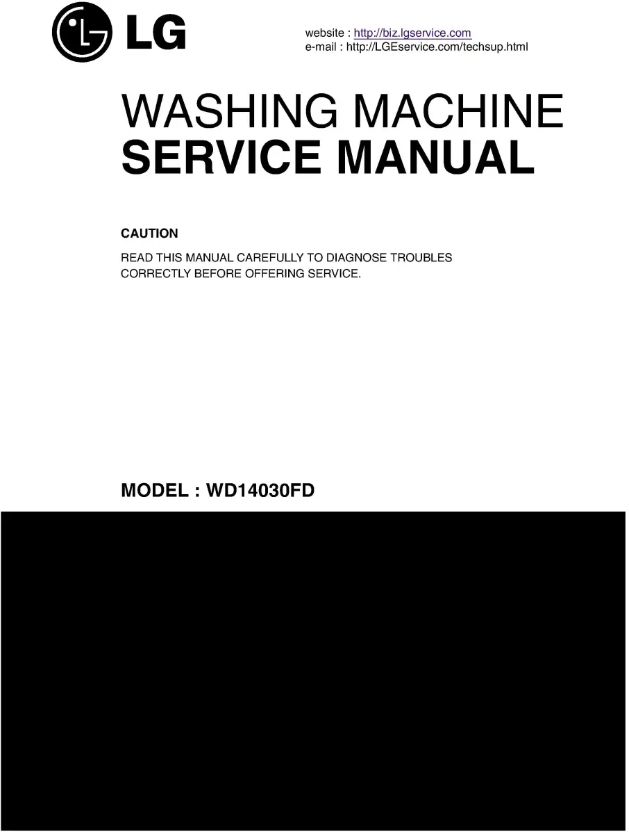 Lg wd14030fd service manual cover with LG logo, service website path, washer model codes and service caution notice