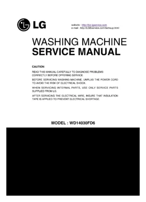 Lg wd14030fd6 service manual cover with LG logo, service website path, washer model codes and service caution notice