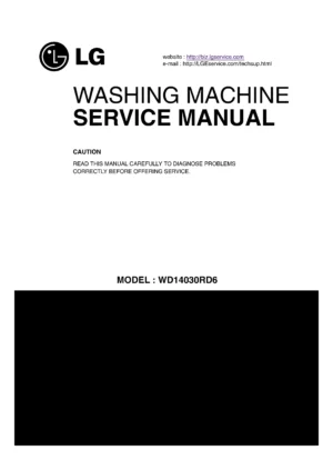 Lg wd14030rd6 service manual cover with LG logo, service website path, washer model codes and service caution notice