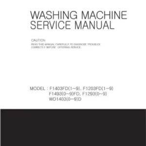 Lg wd14039d service manual cover with LG logo, service website path, washer model codes and service caution notice