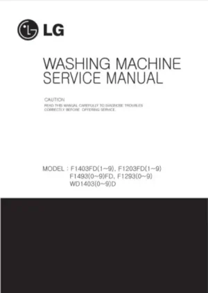 Lg wd14039d service manual cover with LG logo, service website path, washer model codes and service caution notice