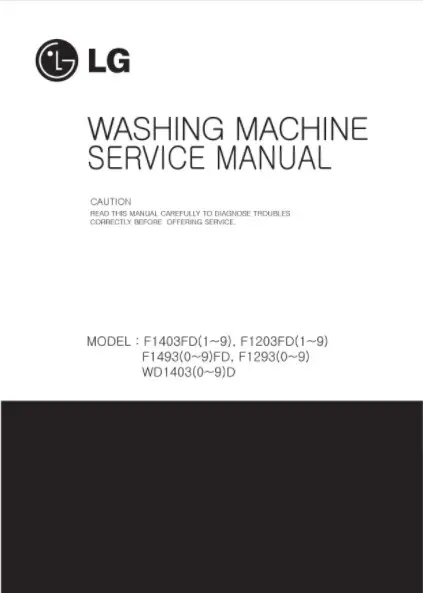 Lg wd14039d service manual cover with LG logo, service website path, washer model codes and service caution notice