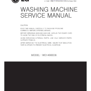 Lg wd14060d6 service manual cover with LG logo, service website path, washer model codes and service caution notice