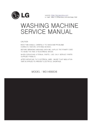 Lg wd14060d6 service manual cover with LG logo, service website path, washer model codes and service caution notice