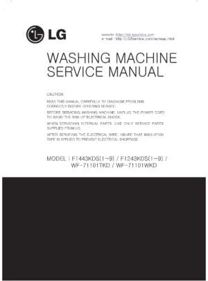 Lg wd14060sd6 service manual cover with LG logo, service website path, washer model codes and service caution notice