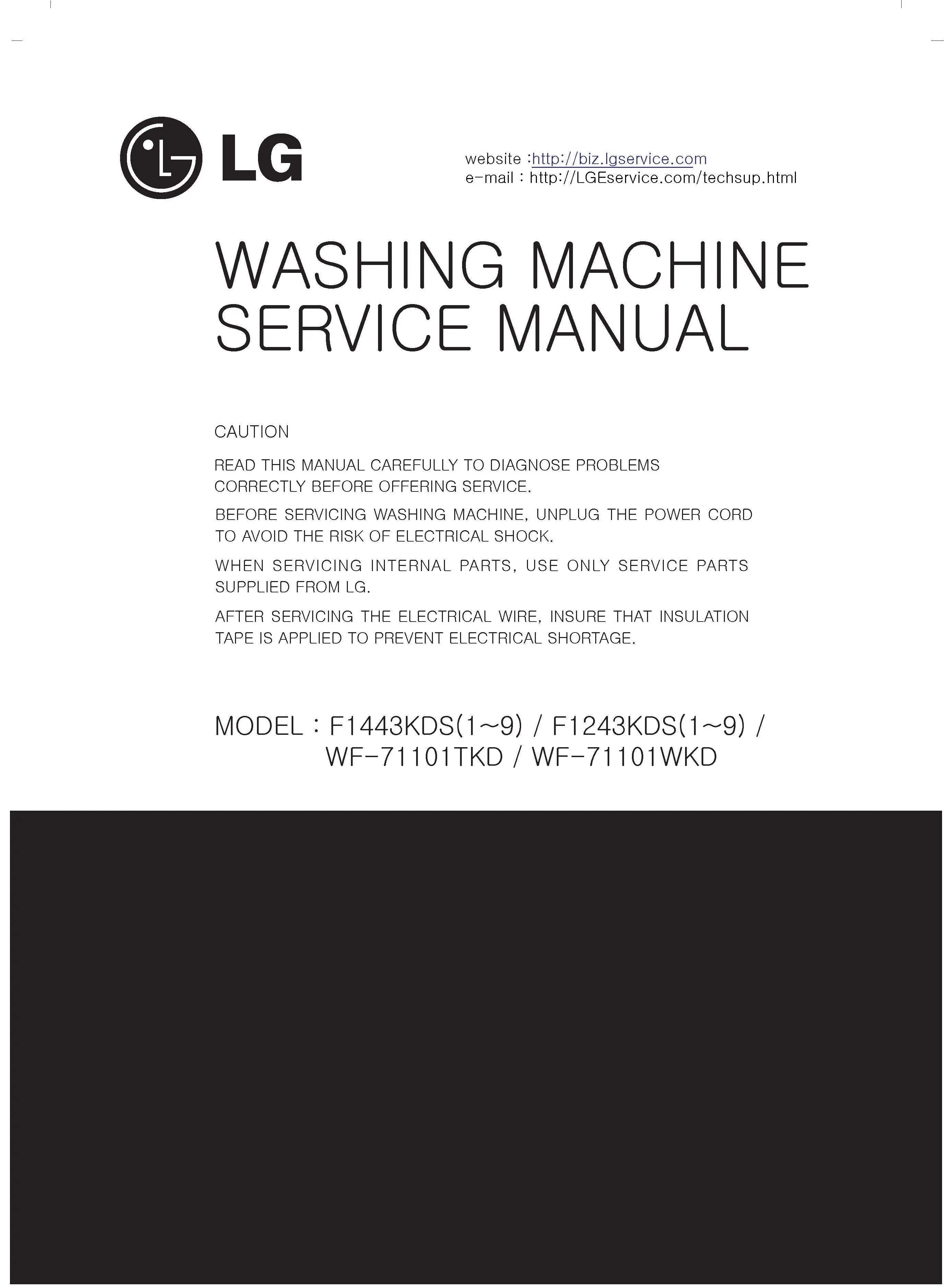 Lg wd14060sd6 service manual cover with LG logo, service website path, washer model codes and service caution notice
