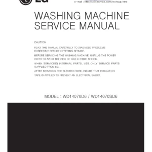 Lg wd14070sd6 service manual cover with LG logo, service website path, washer model codes and service caution notice