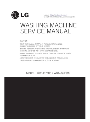 Lg wd14070sd6 service manual cover with LG logo, service website path, washer model codes and service caution notice