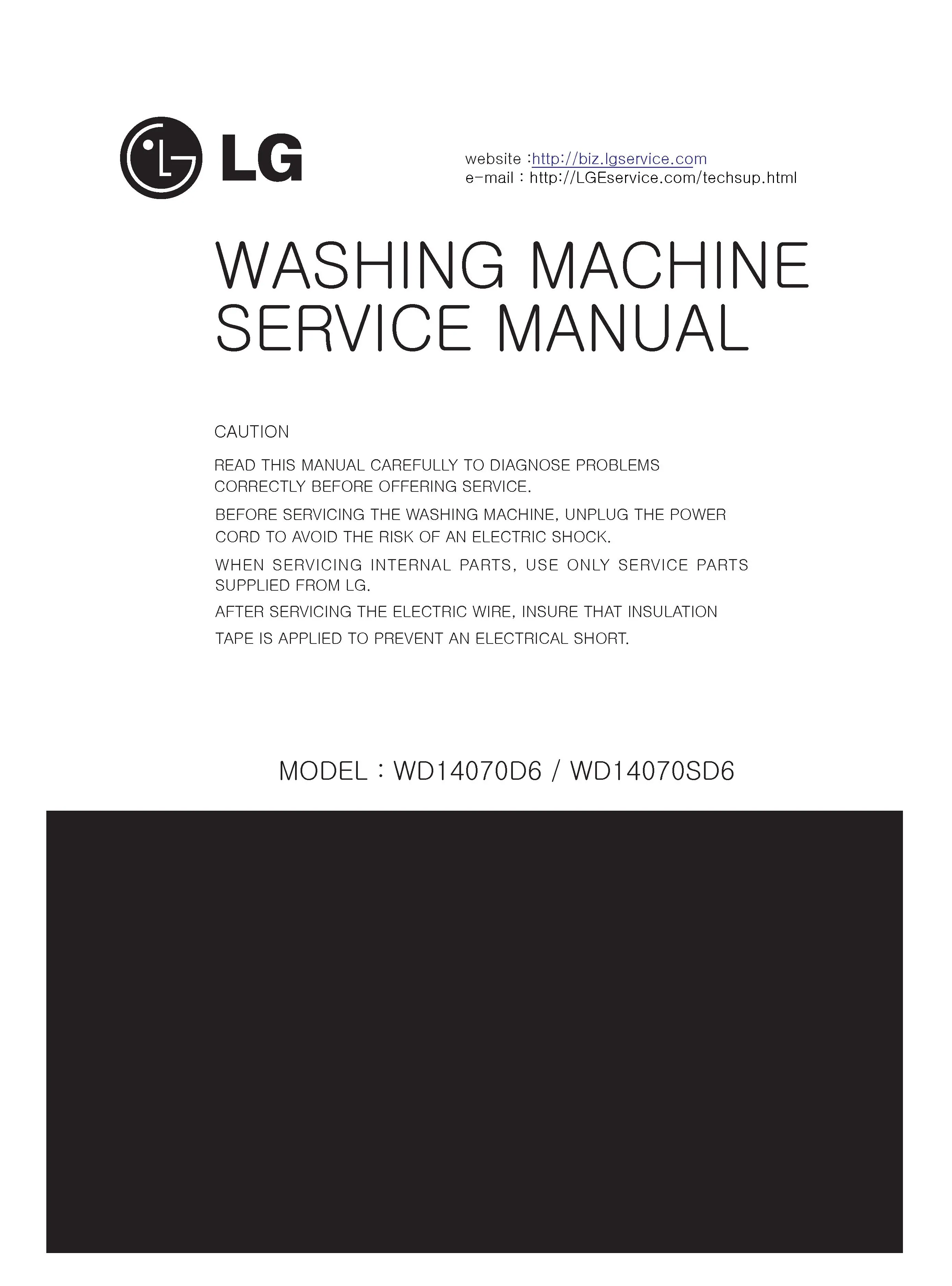 Lg wd14070sd6 service manual cover with LG logo, service website path, washer model codes and service caution notice