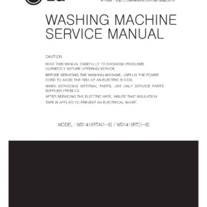 Lg wd1412rt5 service manual cover with LG logo, service website path, washer model codes and service caution notice