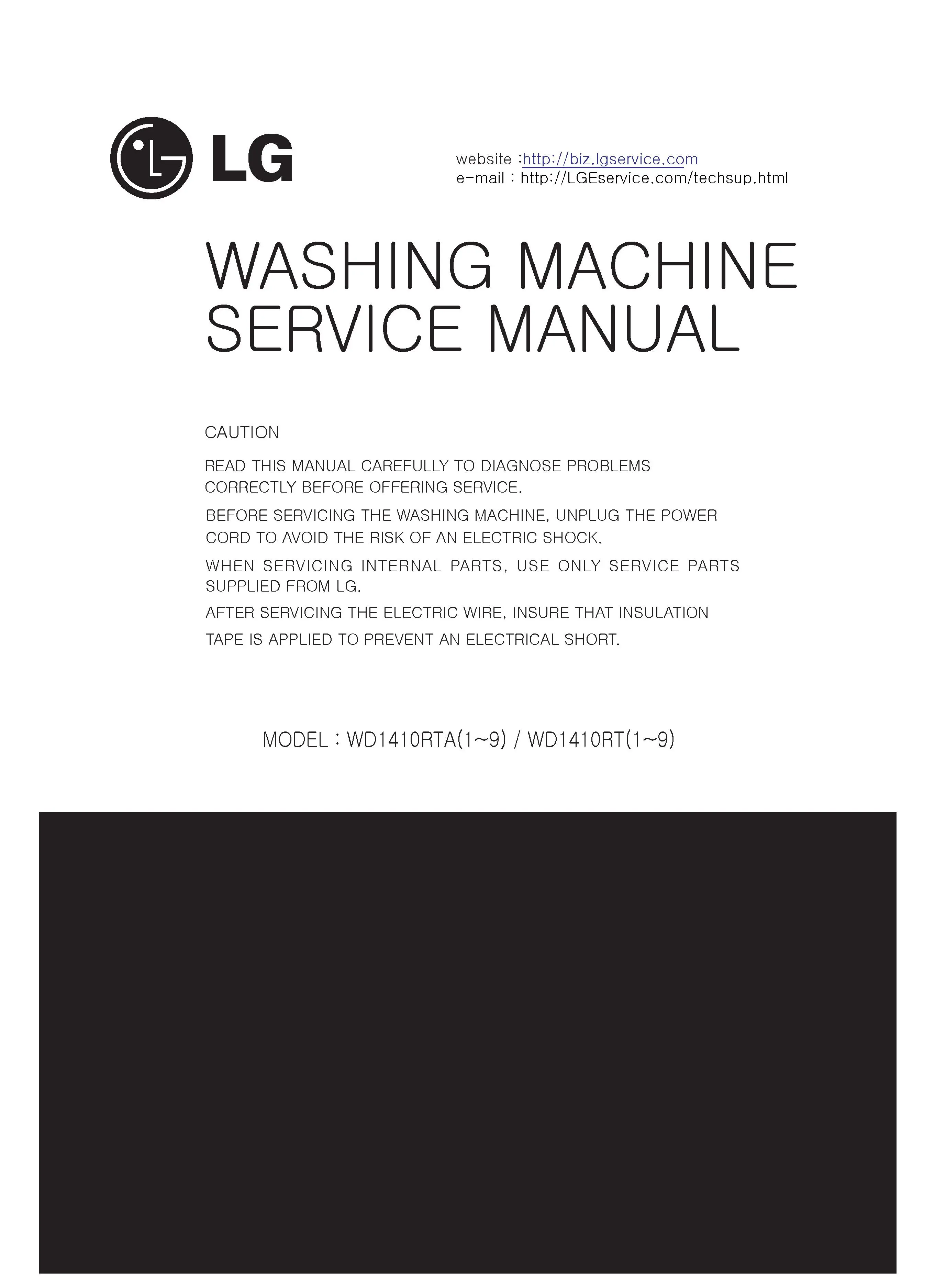 Lg wd1412rt5 service manual cover with LG logo, service website path, washer model codes and service caution notice