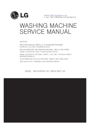 Lg wd1412rta5 service manual cover with LG logo, service website path, washer model codes and service caution notice
