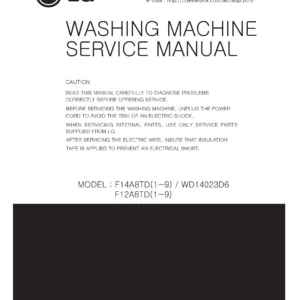 Lg wd14130d6 service manual cover with LG logo, service website path, washer model codes and service caution notice