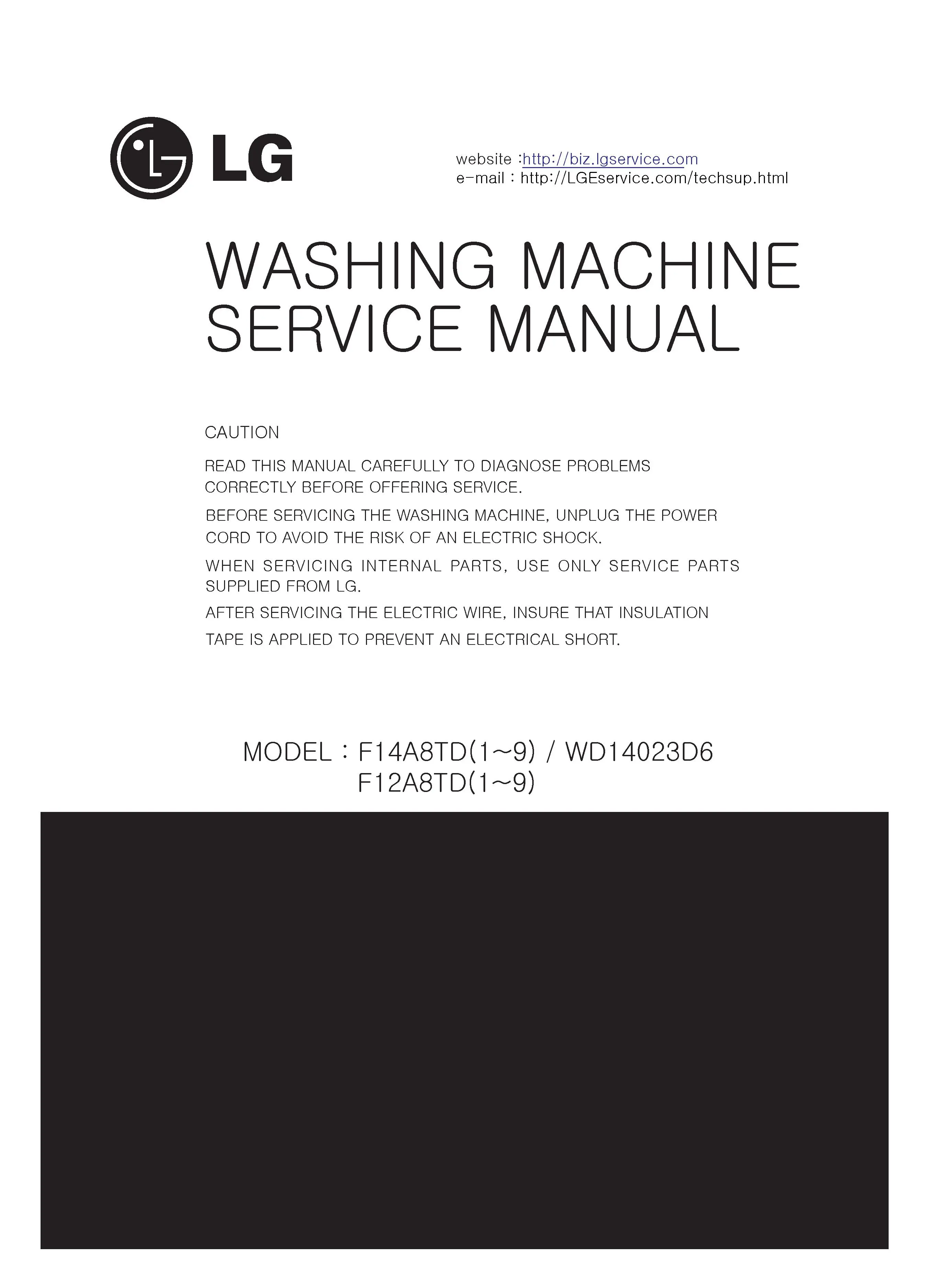 Lg wd14130d6 service manual cover with LG logo, service website path, washer model codes and service caution notice
