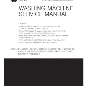 Lg wd14130fd6 wd14130rd6 service manual cover with LG logo, service website path, washer model codes and service caution notice