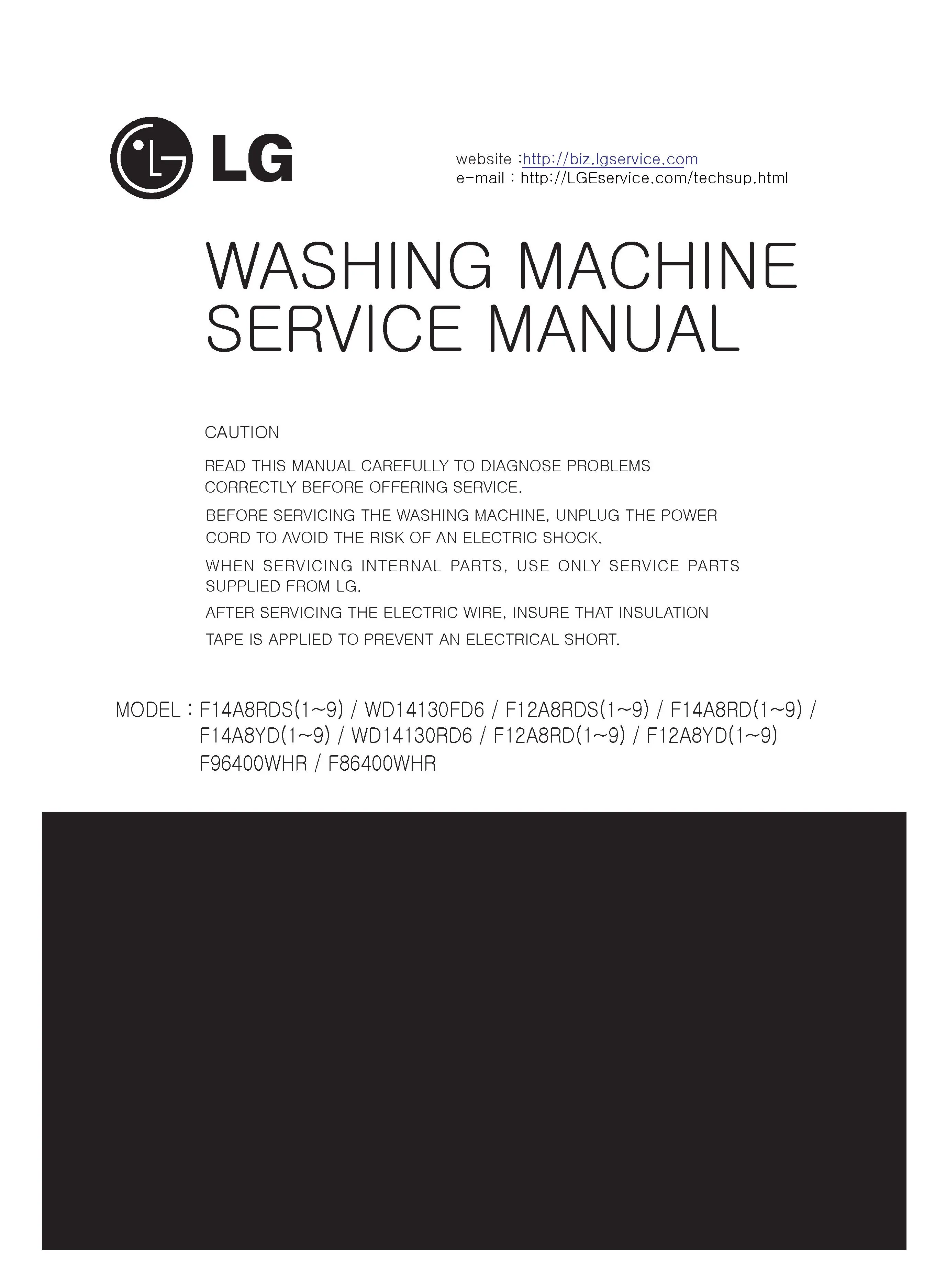 Lg wd14130fd6 wd14130rd6 service manual cover with LG logo, service website path, washer model codes and service caution notice
