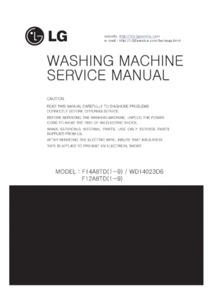 Lg wd14135d6 service manual cover with LG logo, service website path, washer model codes and service caution notice