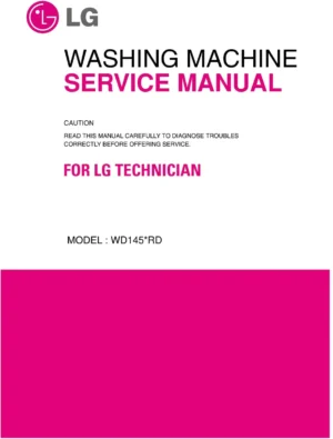 Lg wd1457rd service manual cover with LG logo, service website path, washer model codes and service caution notice