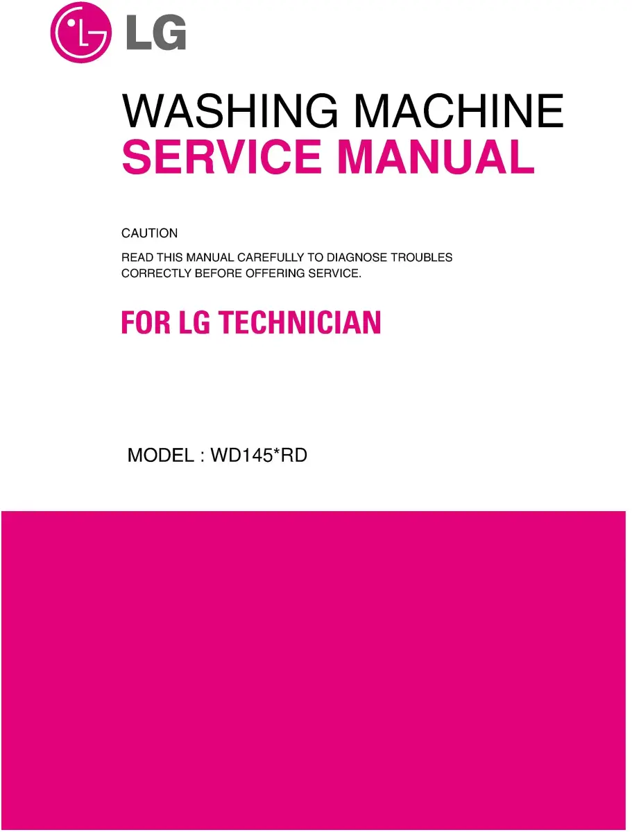 Lg wd1457rd service manual cover with LG logo, service website path, washer model codes and service caution notice