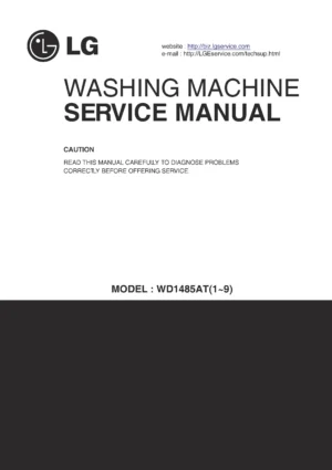 Lg wd1485at service manual cover with LG logo, service website path, washer model codes and service caution notice