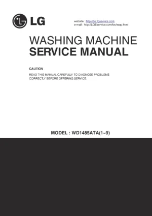 Lg wd1485ata service manual cover with LG logo, service website path, washer model codes and service caution notice