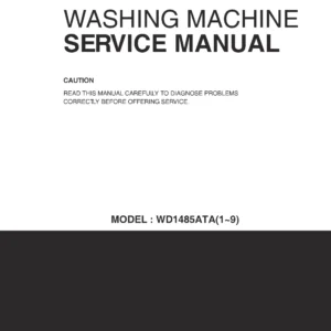 Lg wd1485ata5 service manual cover with LG logo, service website path, washer model codes and service caution notice