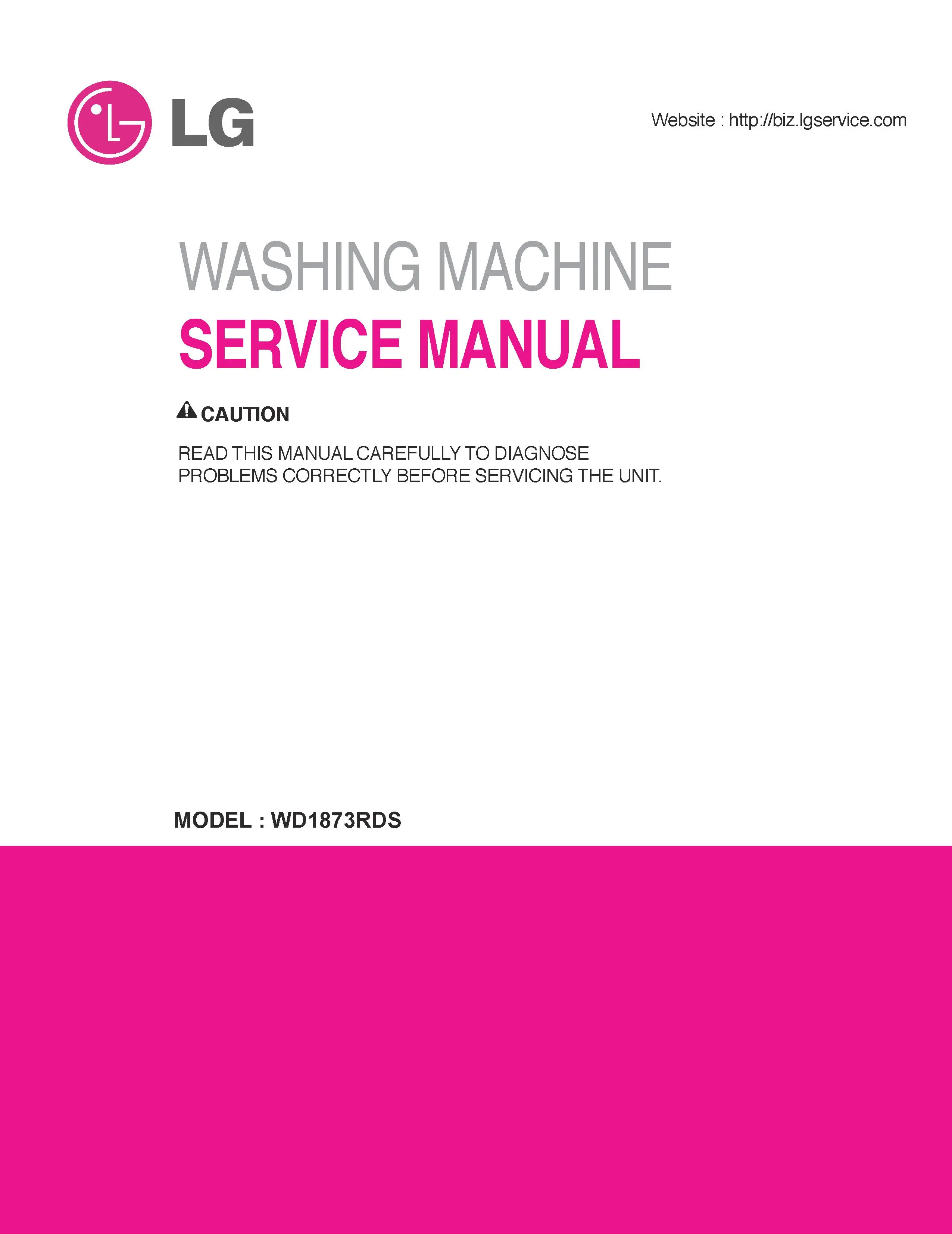 Lg wd1873rds service manual cover with LG logo, service website path, washer model codes and service caution notice