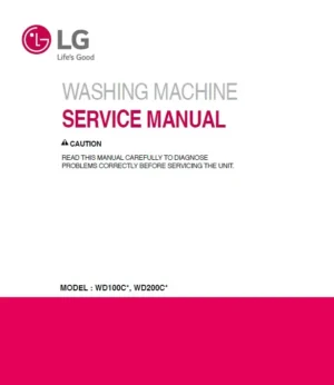 Lg wd200cv wd200cw service manual cover with LG logo, service website path, washer model codes and service caution notice