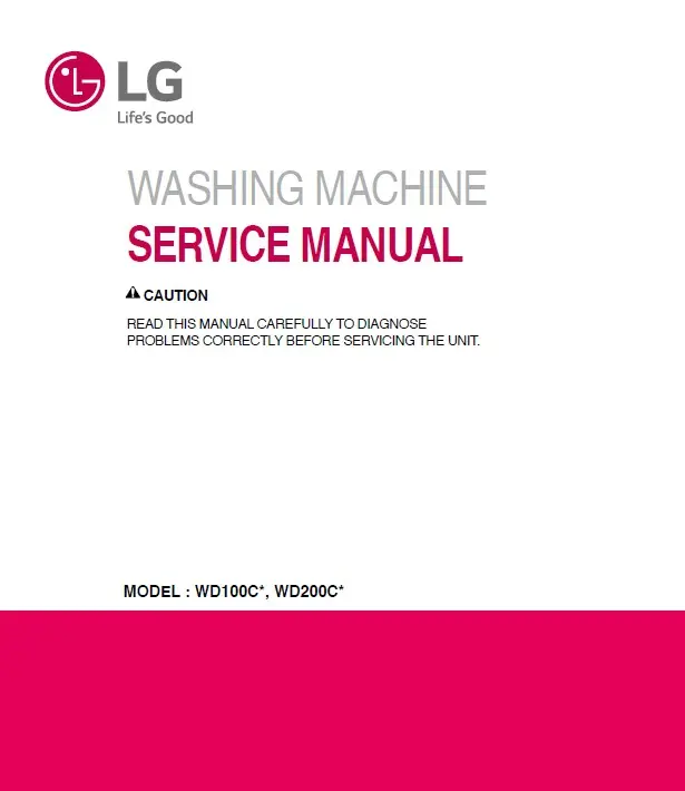 Lg wd200cv wd200cw service manual cover with LG logo, service website path, washer model codes and service caution notice
