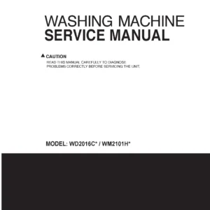 Lg wd2016c wm2101h series service manual cover with LG logo, service website path, washer model codes and service caution notice